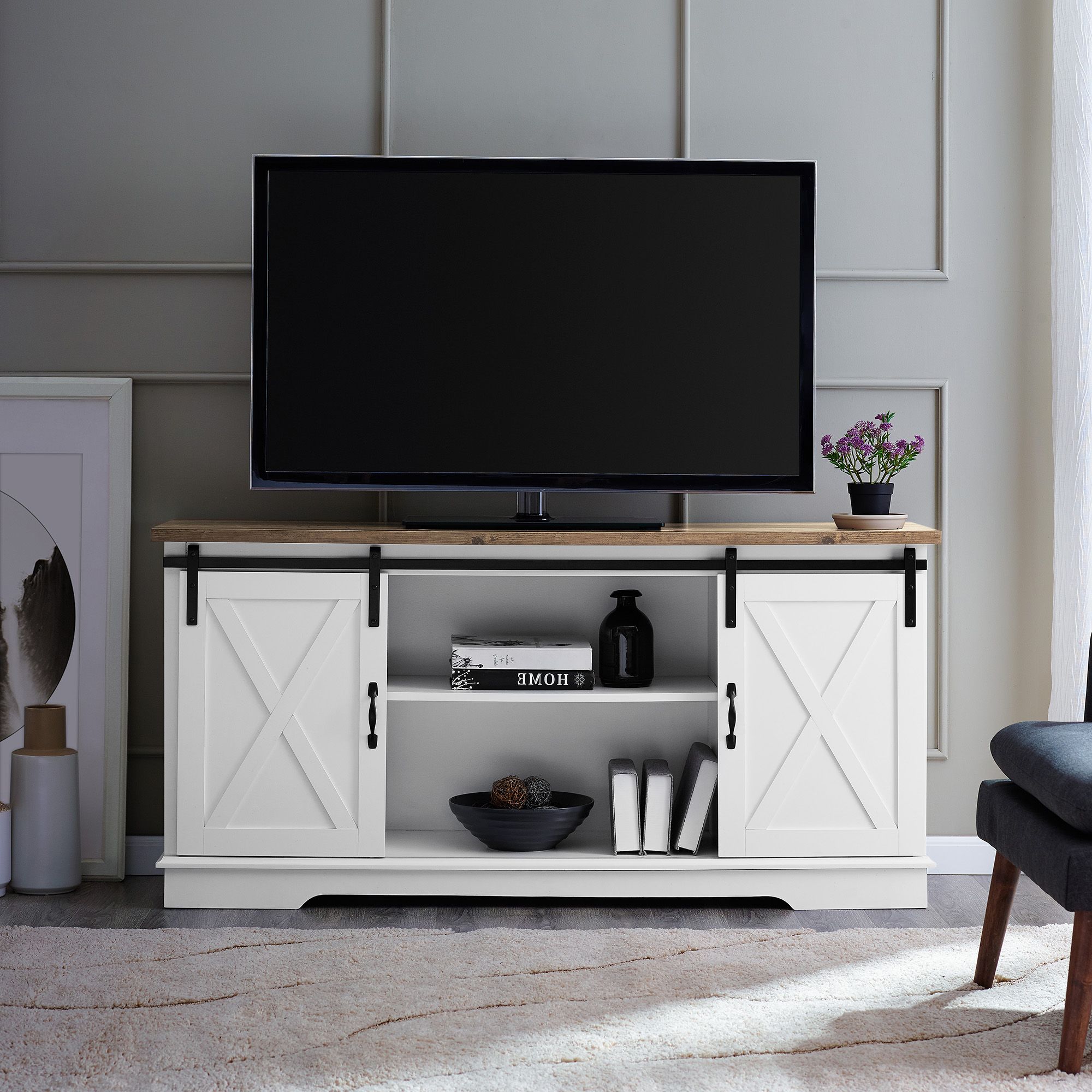 Manor Park Barn Door Tv Stand For Tvs Up To 65", White Throughout Better Homes &amp; Gardens Modern Farmhouse Tv Stands With Multiple Finishes (Gallery 23 of 31)