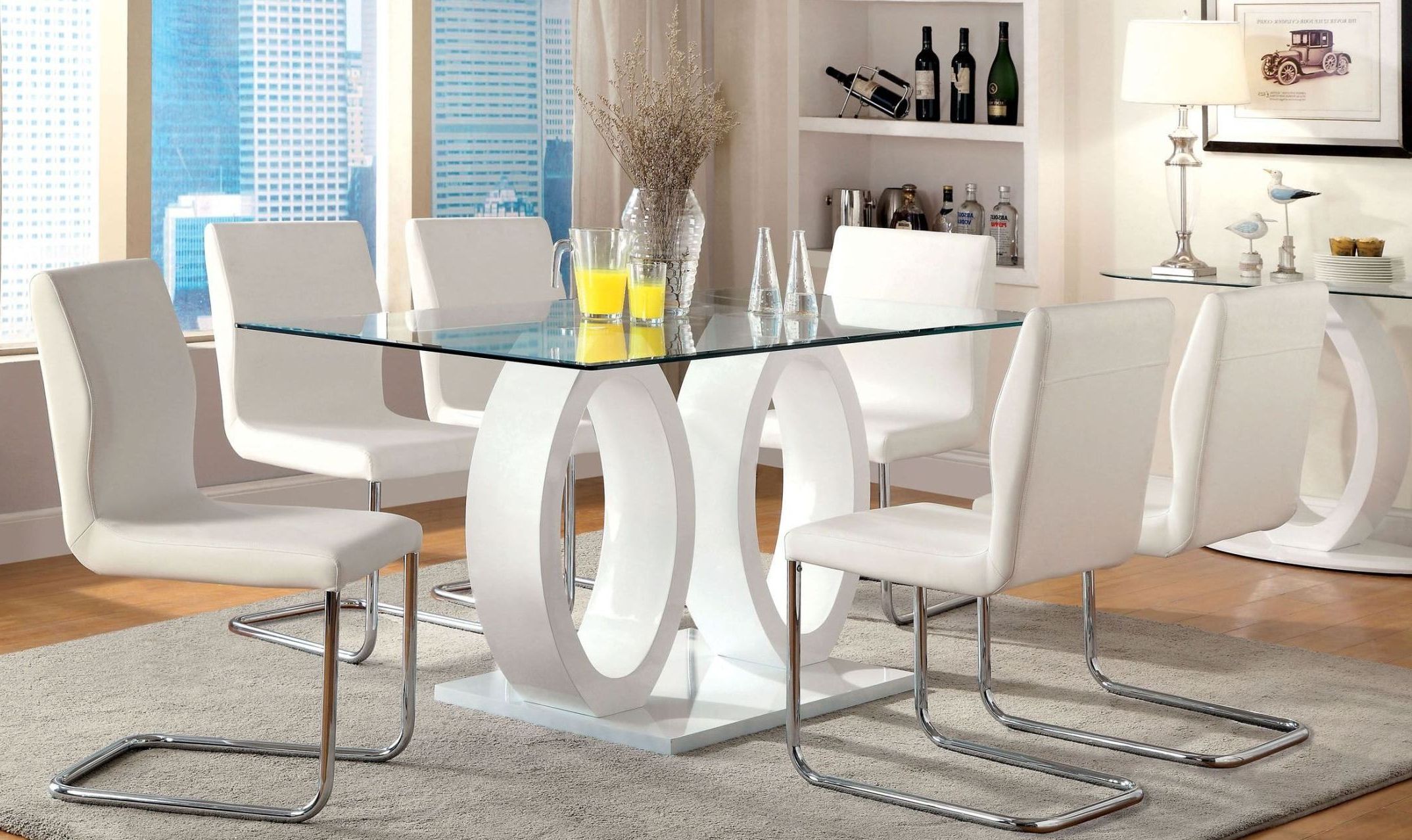 2020 Lodia I White Glass Top Rectangular Pedestal Dining Room Intended For White Rectangular Dining Tables (View 12 of 20)