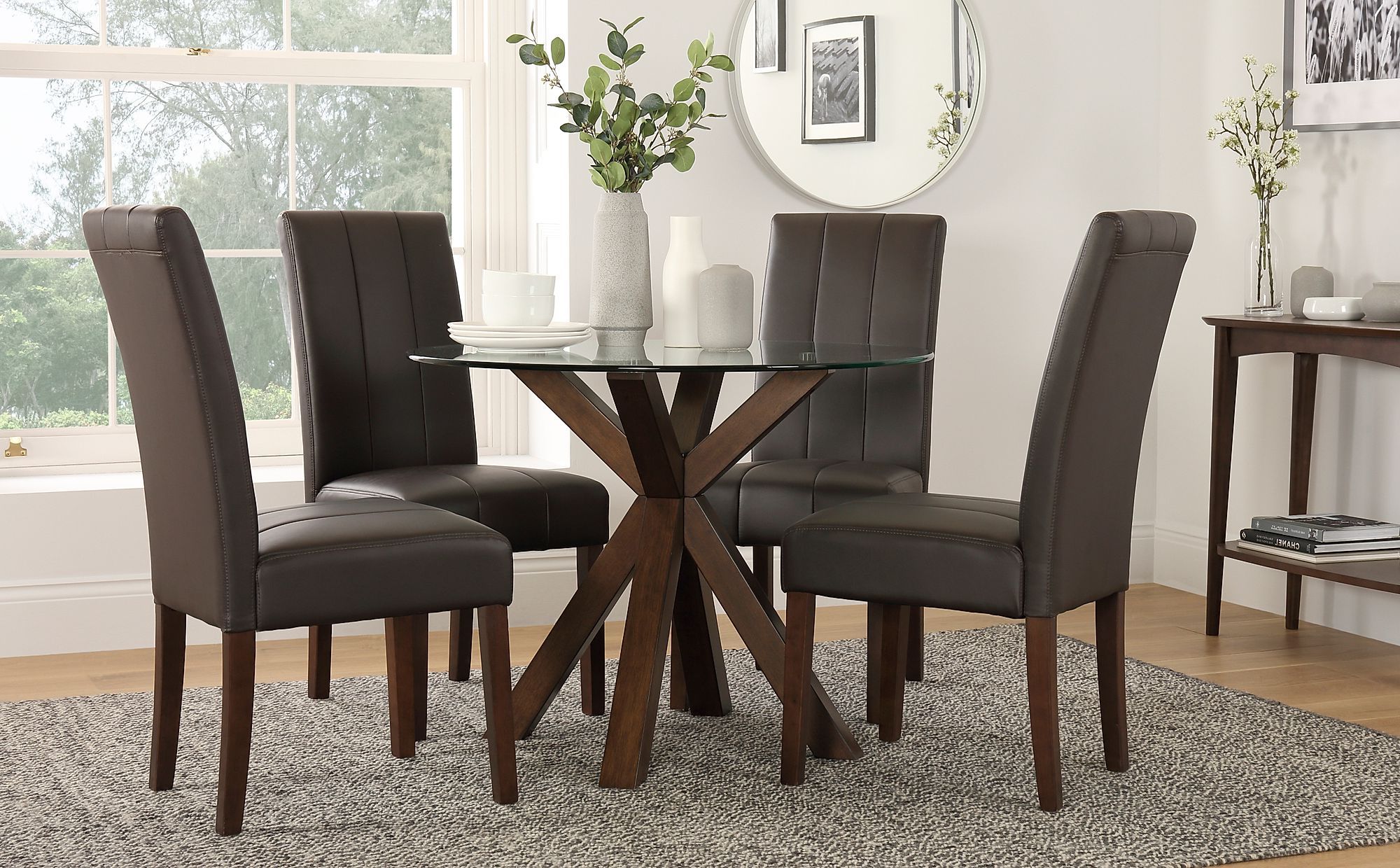 Dark Brown Round Dining Tables Intended For Most Popular Hatton Round Dark Wood And Glass Dining Table With  (View 6 of 20)