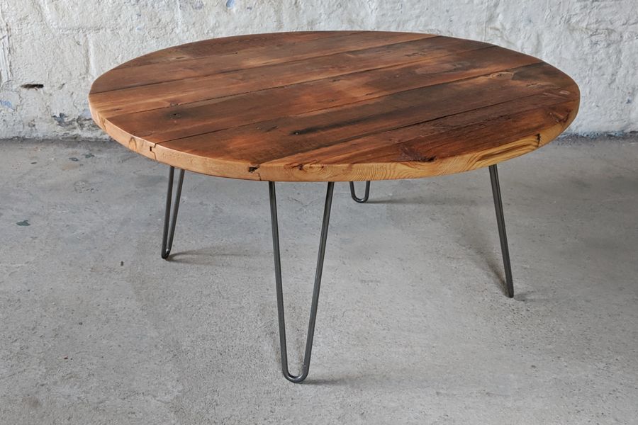 Drop Leaf Tables With Hairpin Legs Inside Well Known Pitch Pine Floorboard Round Coffee Table On Metal Hairpin (Gallery 20 of 20)