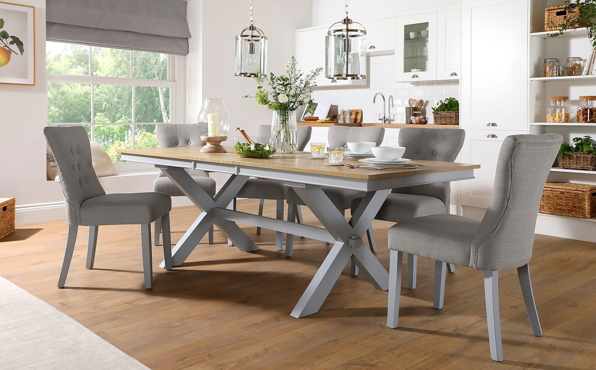 Grange Painted Grey And Oak Extending Dining Table With 6 With Regard To 2020 Gray Dining Tables (View 15 of 20)