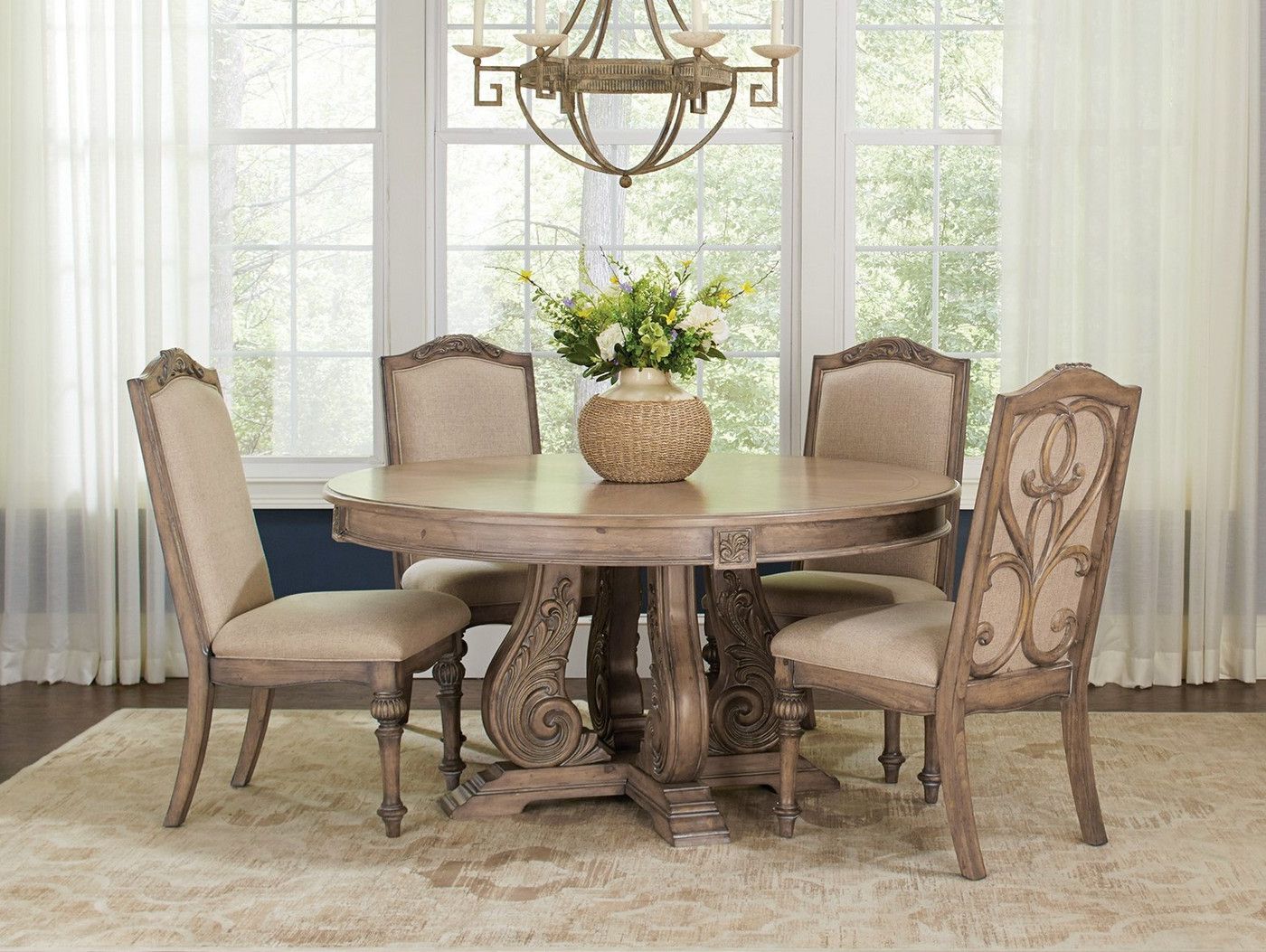 Malvern 5 Pc Traditional 60" Round Dining Table Set Intended For Trendy Vintage Brown 48 Inch Round Dining Tables (View 17 of 20)