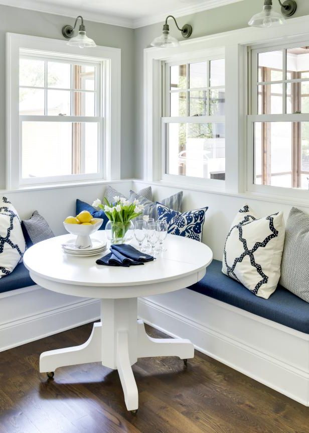 Most Recently Released Gray Walls Surround This Elegant Blue And White Breakfast Regarding White Corner Nooks (View 11 of 20)