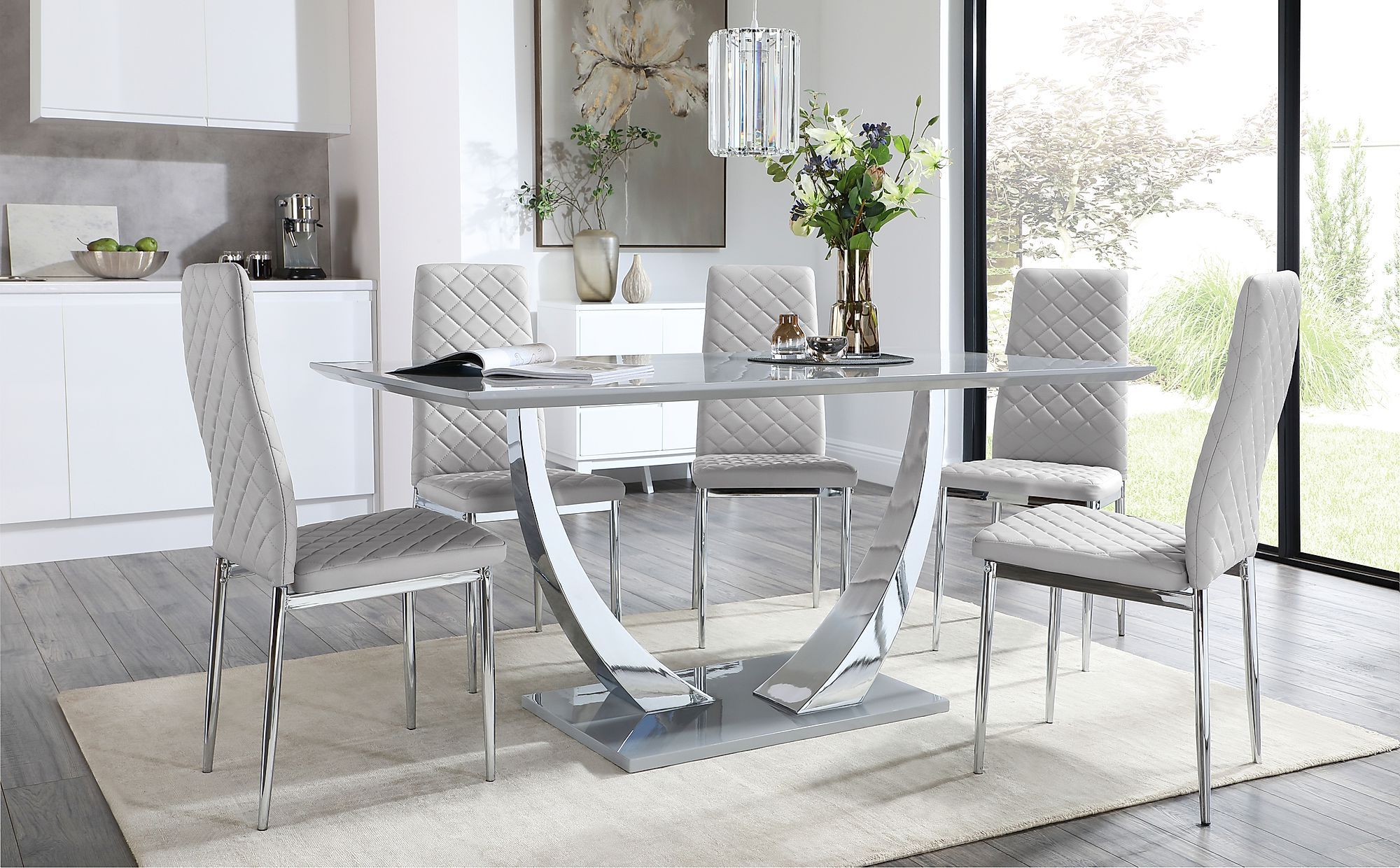 Peake Grey High Gloss And Chrome Dining Table With 6 Renzo For Well Liked Gray Dining Tables (Gallery 19 of 20)