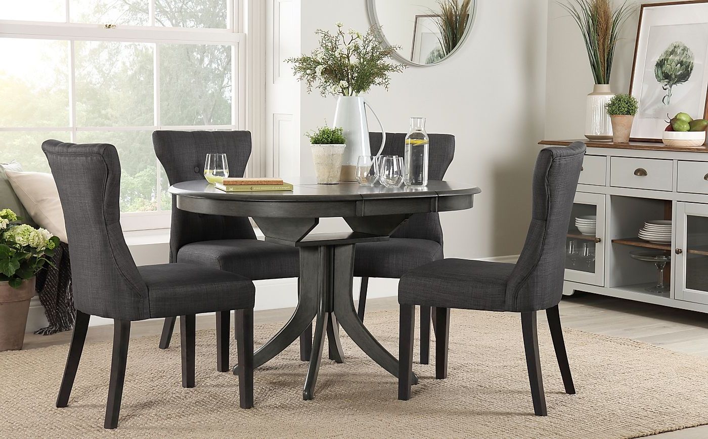 Preferred Gray Dining Tables Inside Hudson Round Grey Wood Extending Dining Table With 4 (Gallery 20 of 20)