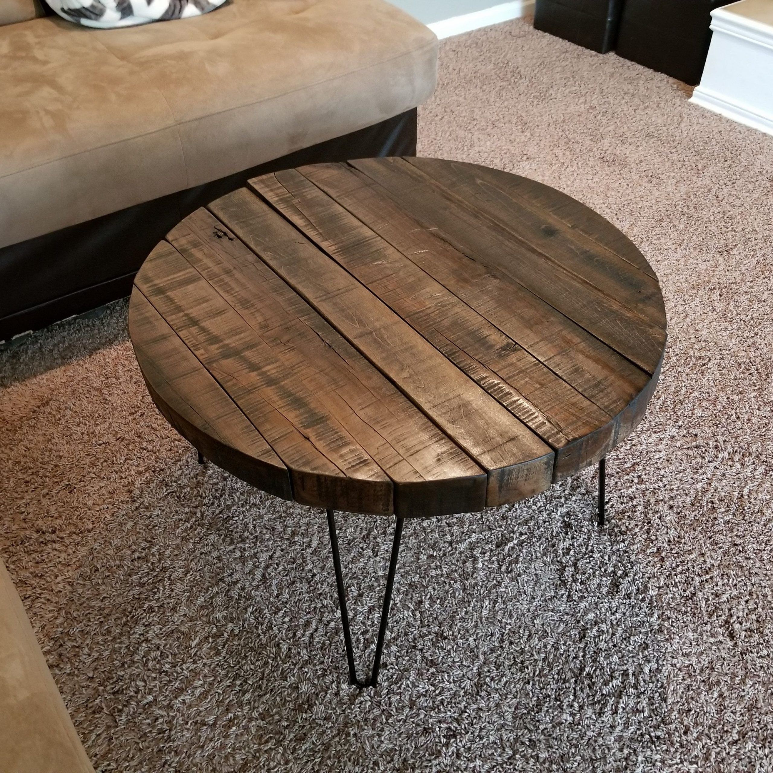Reclaimed Wood Round Coffee Table With Hairpin Legs For Popular Round Hairpin Leg Dining Tables (View 12 of 20)