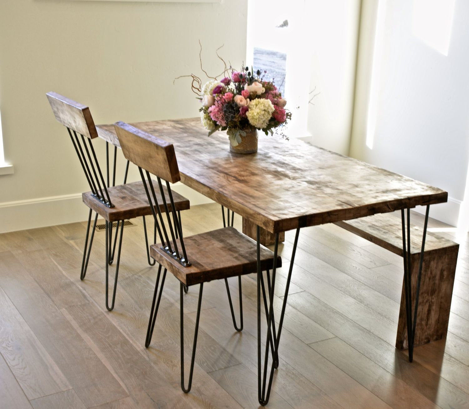 Round Hairpin Leg Dining Tables Pertaining To Most Popular Solid Maple Hairpin Dining Table With Chairs And Bench (View 14 of 20)