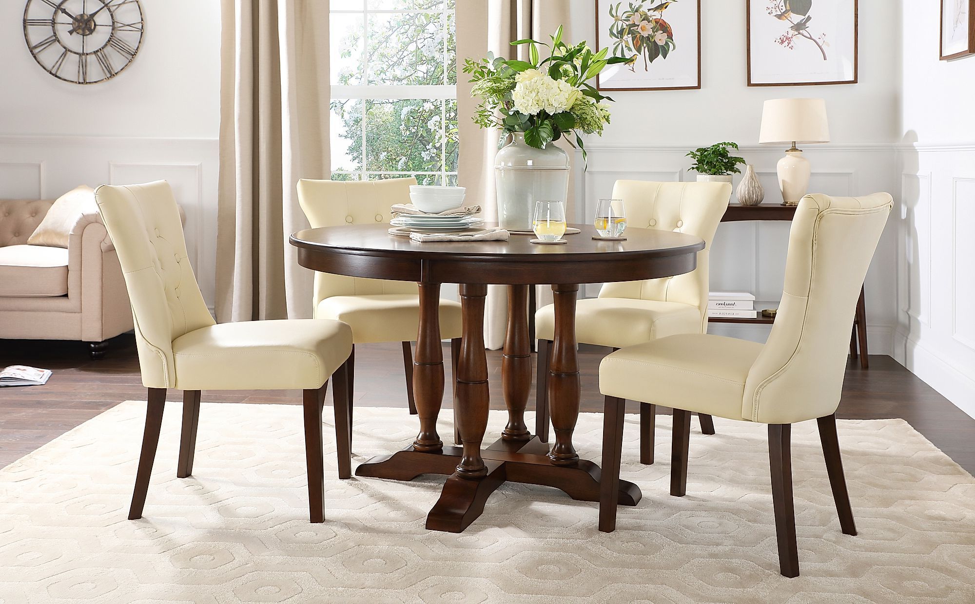 Well Known Dark Brown Round Dining Tables Intended For Highgrove Round Dark Wood Dining Table With 4 Bewley Ivory (View 9 of 20)