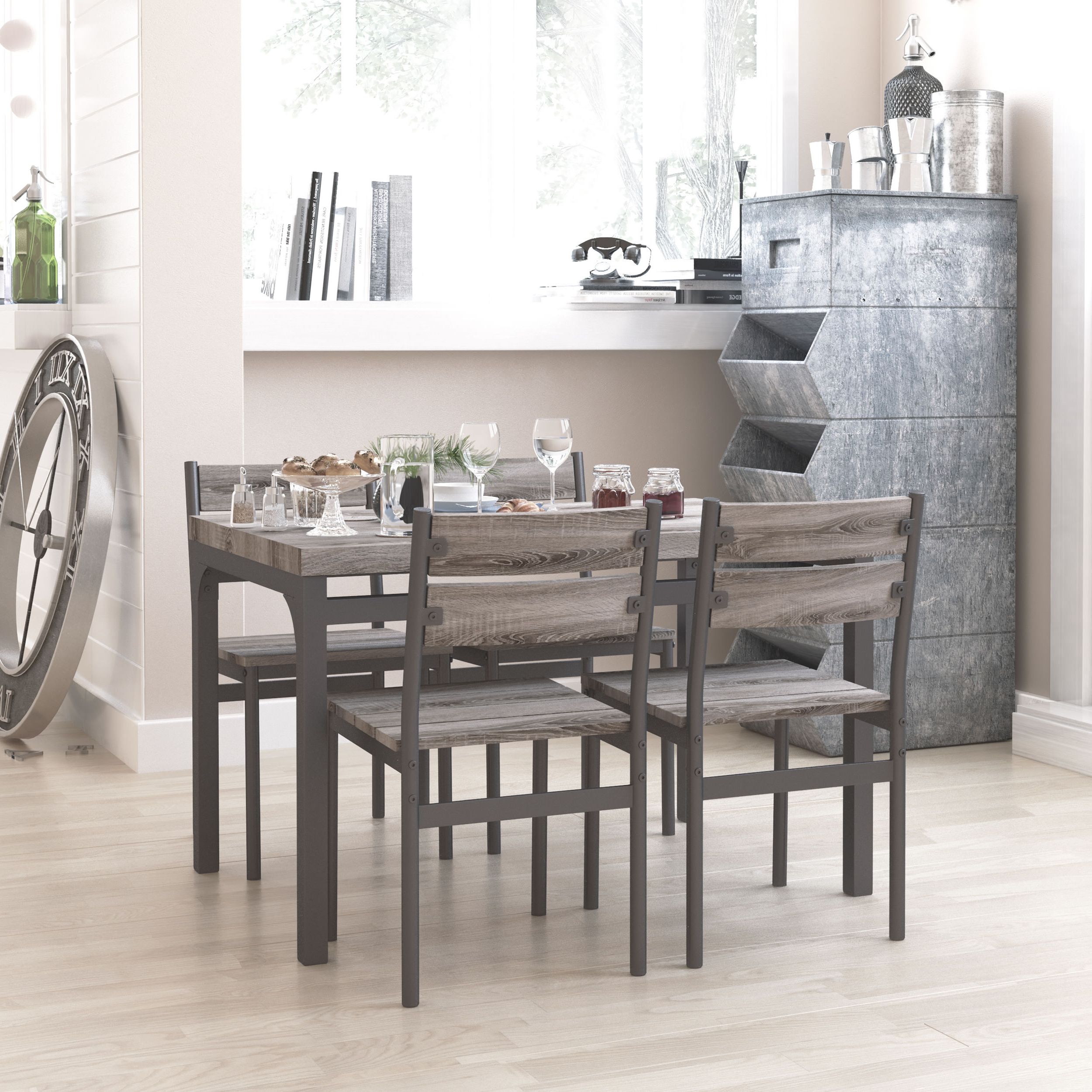 Widely Used Gray Dining Tables In Zenvida 5 Piece Dining Set Rustic Grey Wooden Kitchen (View 10 of 20)
