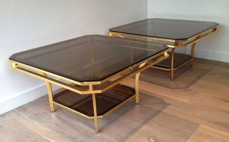 1970s Square Coffee Table Smoked Glass And Brass, France Within Trendy Brass Smoked Glass Cocktail Tables (View 3 of 20)