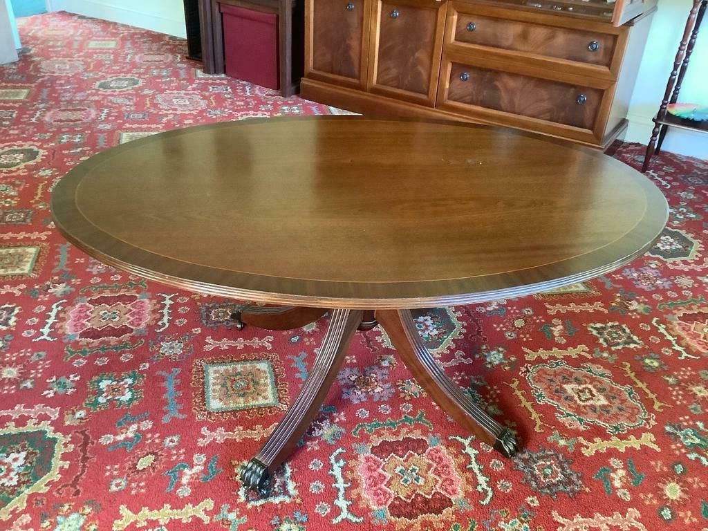 2019 Antique Blue Wood And Gold Coffee Tables Inside Beautiful Vintage Dark Wood Pedestal Oval Coffee Table (View 2 of 20)