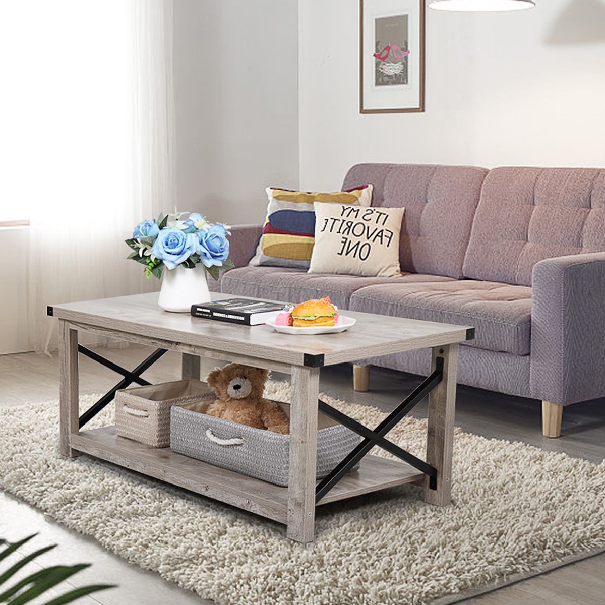 2019 Black Wood Storage Coffee Tables Within Jaxpety Metal X Frame Coffee Table Wood Rectangle Coffee (View 3 of 20)