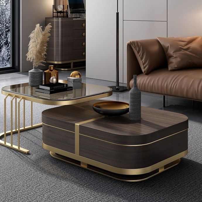 2019 Walnut Wood And Gold Metal Coffee Tables With Regard To 41" Nesting Coffee Table With Hidden Storage Tempered (Gallery 20 of 20)