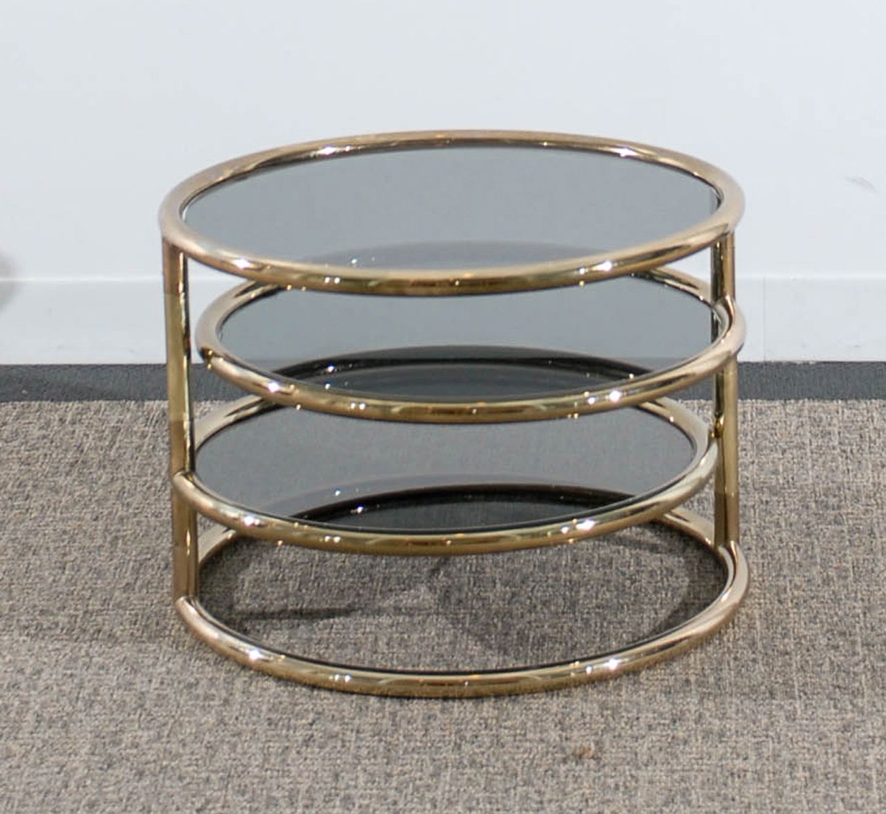 2020 Brass Smoked Glass Cocktail Tables In Pair Of Tubular Brass Three Tiered Tables With Smoke Glass (View 18 of 20)