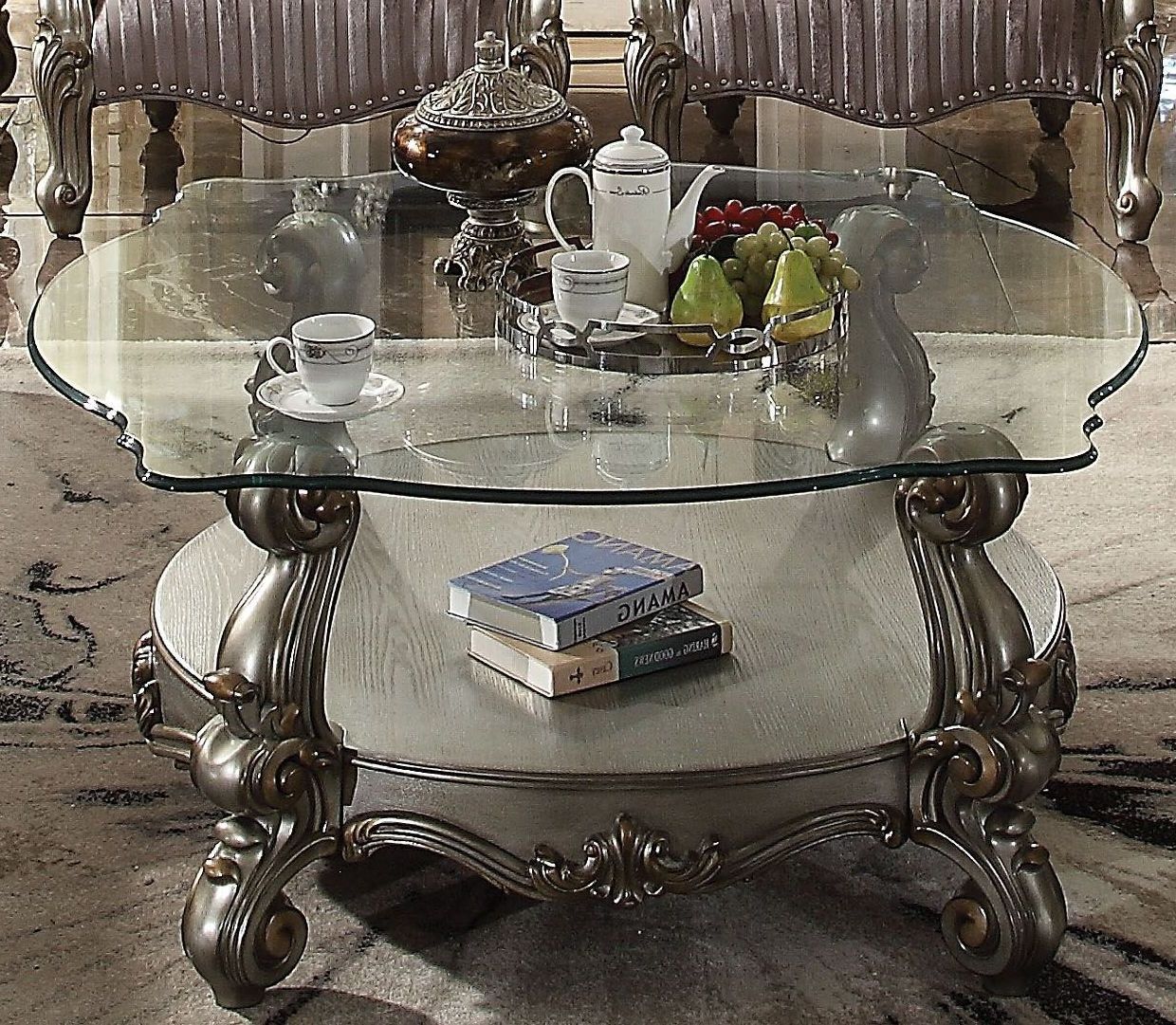 2020 Glass And Pewter Coffee Tables Pertaining To Versailles Traditional Antique Platinum Glass Top Coffee (Gallery 14 of 20)