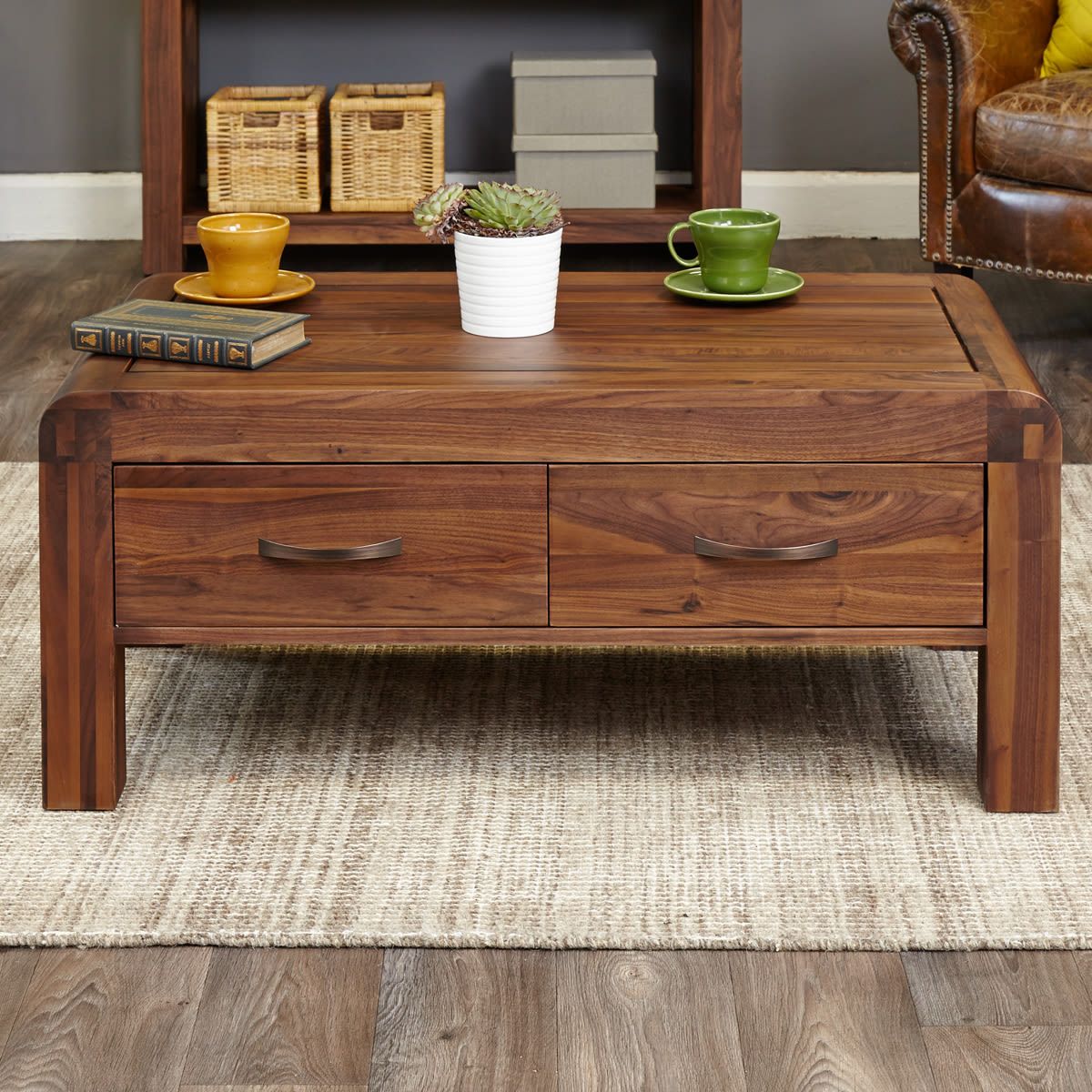 2020 Hand Finished Walnut Coffee Tables Inside Shiro Walnut Four Drawer Coffee Table Was £505.00 Now £395 (Gallery 1 of 20)