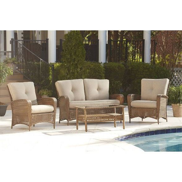 2pc Lakewood Ranch Steel Woven Wicker Loveseat With Regarding Popular Black And Tan Rattan Coffee Tables (View 2 of 20)