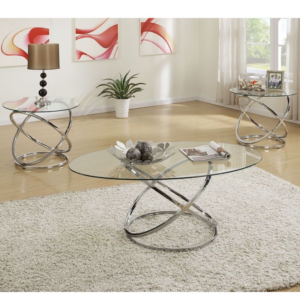 3 Pcs Oval Glass Cocktail Coffee Table Round End Side Throughout Trendy Metallic Silver Cocktail Tables (View 11 of 20)