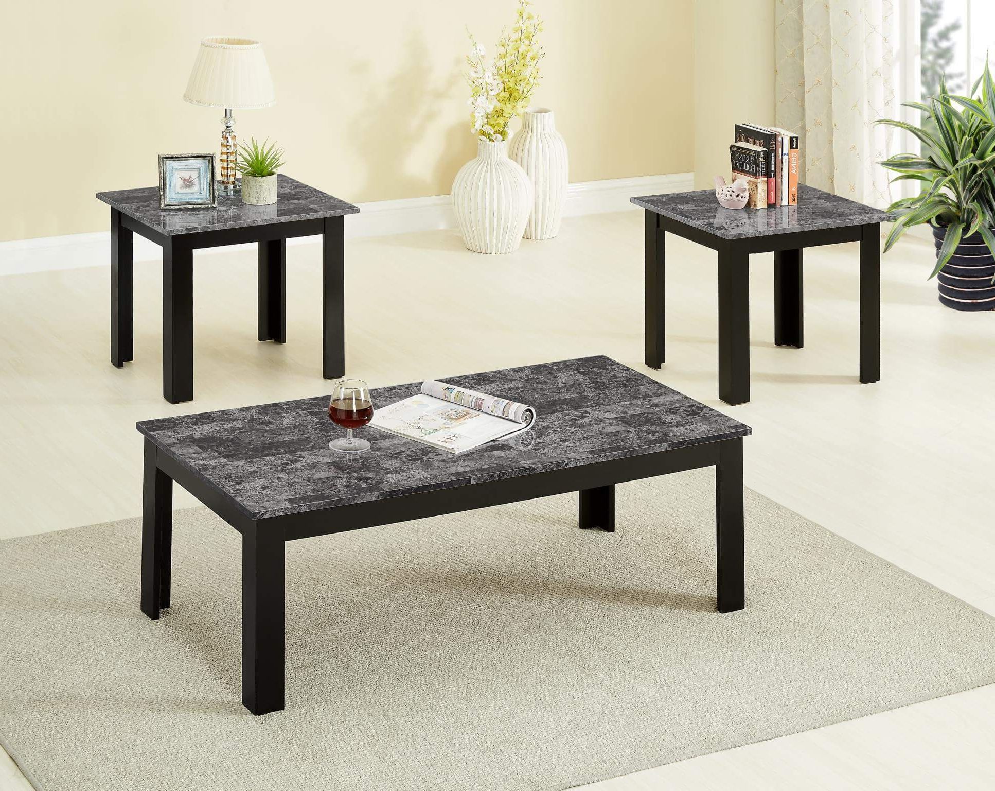 3 Piece Black Faux Marble Coffee And End Table Set In Well Known Marble Coffee Tables Set Of 2 (Gallery 12 of 20)