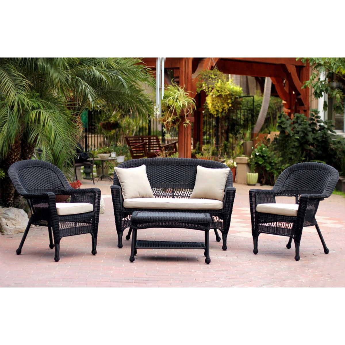 4pc Black Wicker Conversation Set – Tan Cushion In Well Known Black And Tan Rattan Coffee Tables (View 3 of 20)