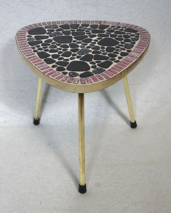 50s 60s Mini Coffee Table Tripod Triangle Plant Mosaic Throughout Well Known Coffee Tables With Tripod Legs (Gallery 11 of 20)