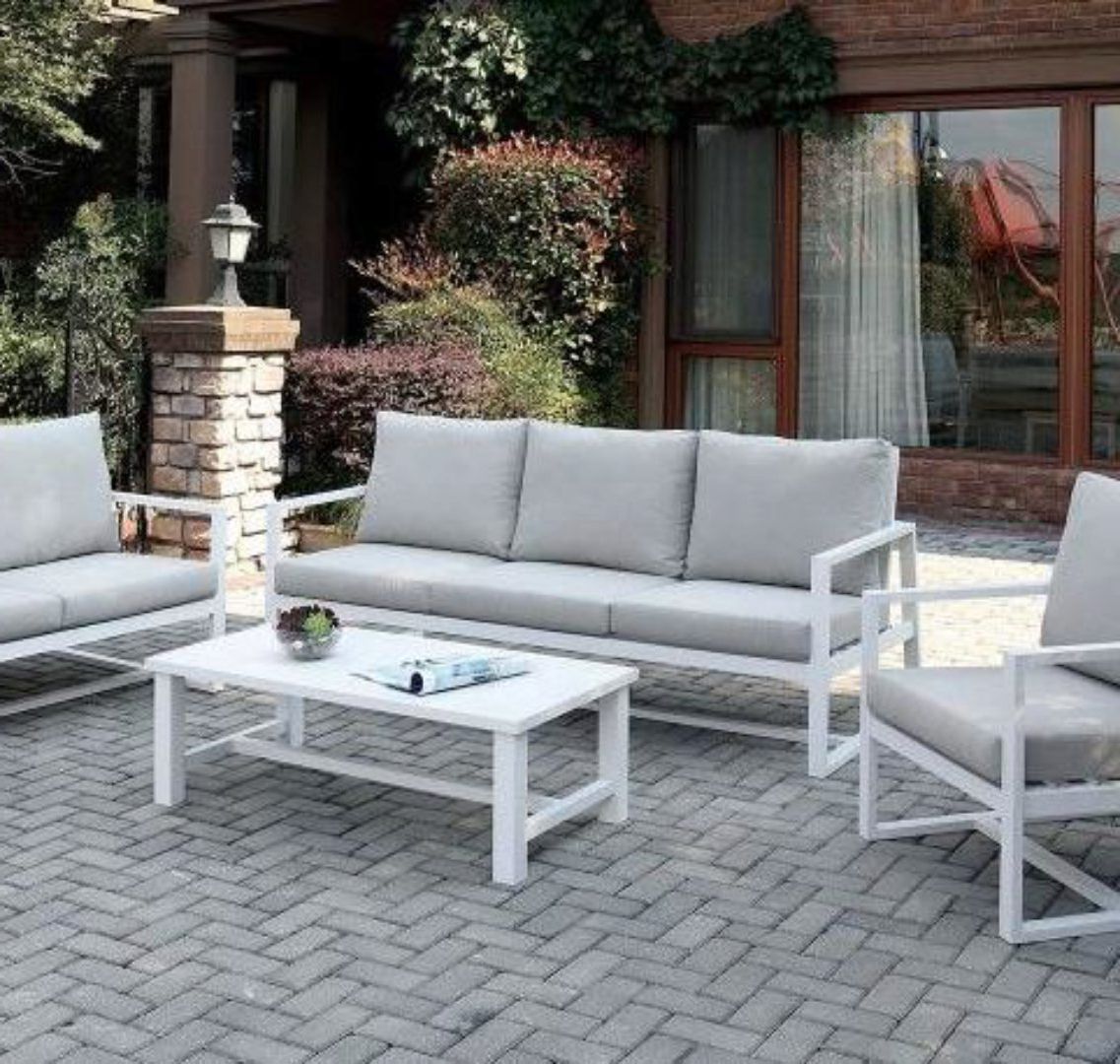 Aluminum Frame Construction Beige Fabric Patio Sofa Set Regarding Newest Ecru And Otter Coffee Tables (View 4 of 20)