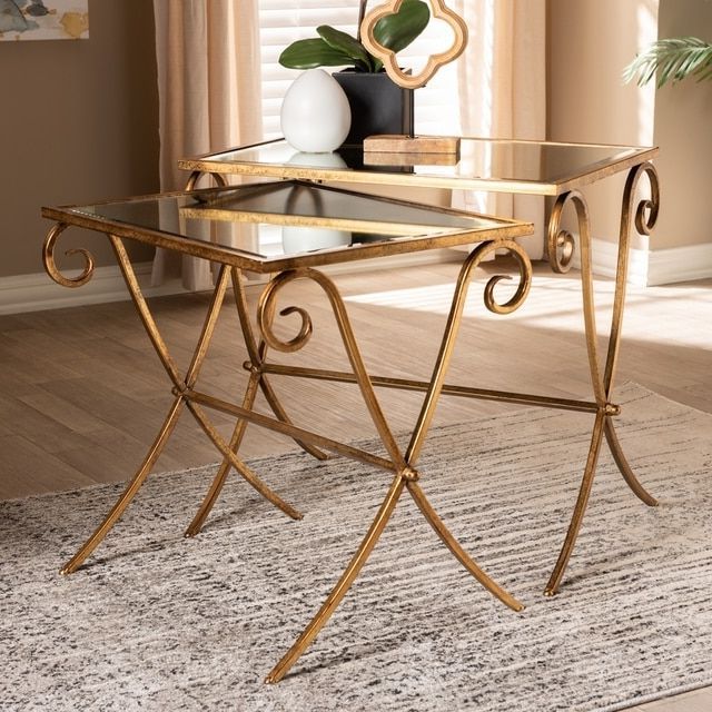 Ambre Gold Finishes Metal & Mirrored Glass 2 Piece Stack Within Most Popular Antique Gold Nesting Coffee Tables (View 10 of 20)