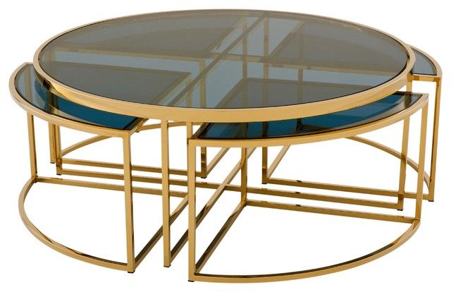 Bergen Hollywood Gold Blue Glass Nesting Round Coffee For Widely Used Geometric Glass Top Gold Coffee Tables (Gallery 16 of 20)