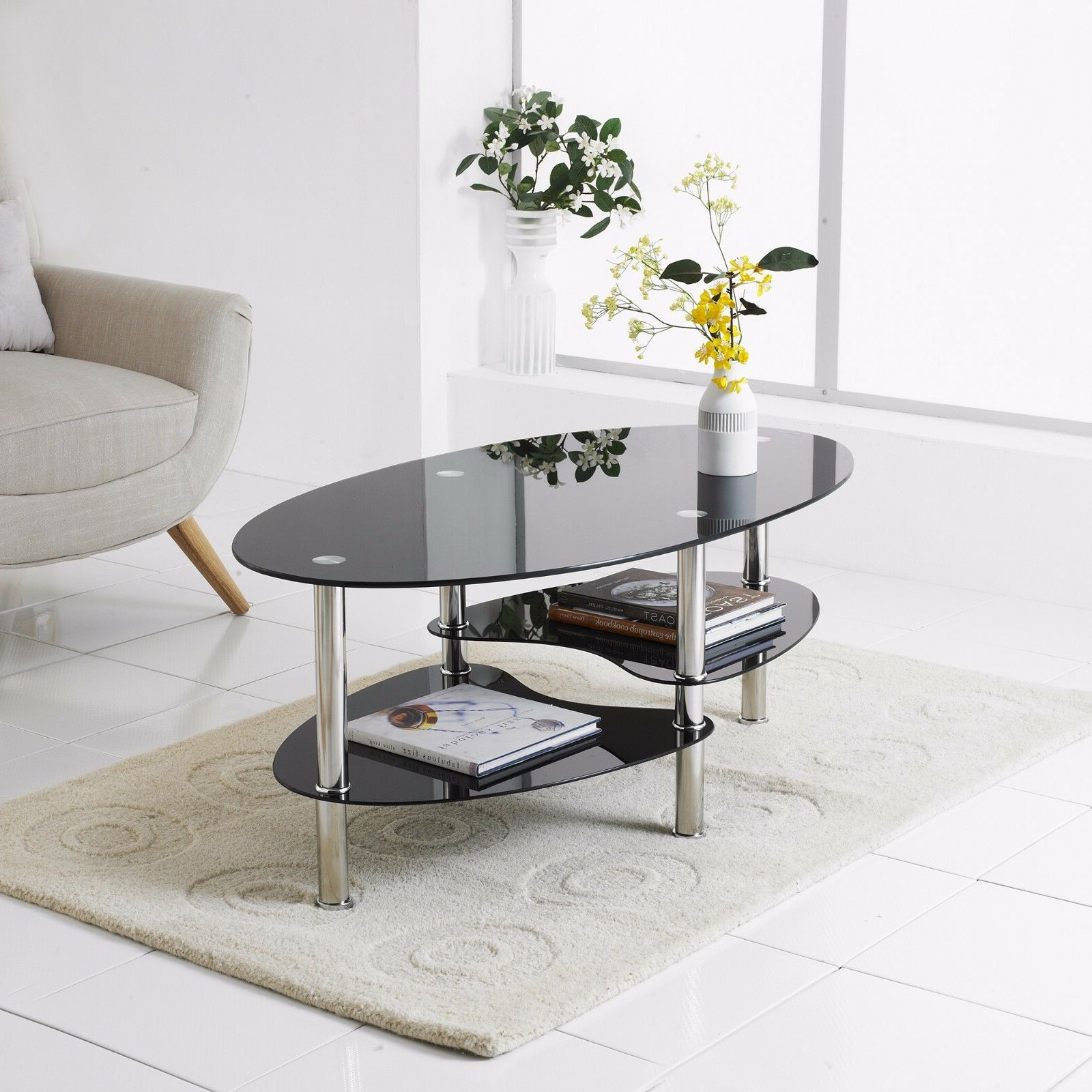 Best And Newest Rectangular Glass Top Coffee Tables Within Modern Rectangle Oval Glass & Chrome Living Room Coffee (View 7 of 20)