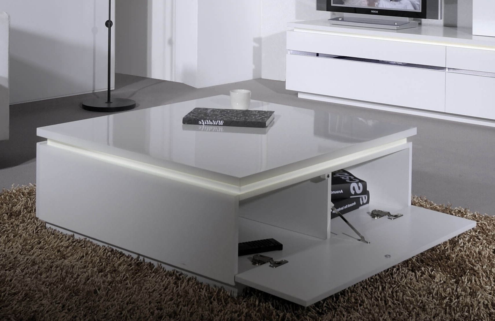 Best And Newest White Gloss And Maple Cream Coffee Tables For Logan White High Gloss Coffee Table With Storage & Lights (View 9 of 20)