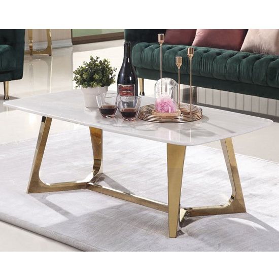 Best And Newest White Marble And Gold Coffee Tables In Veneta White Marble Coffee Table With Gold Stainless Steel (View 9 of 20)