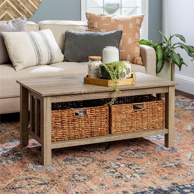 Best And Newest Wicker Coffee Tables Within 40" Wood Storage Coffee Table In Driftwood With Wicker (Gallery 8 of 20)