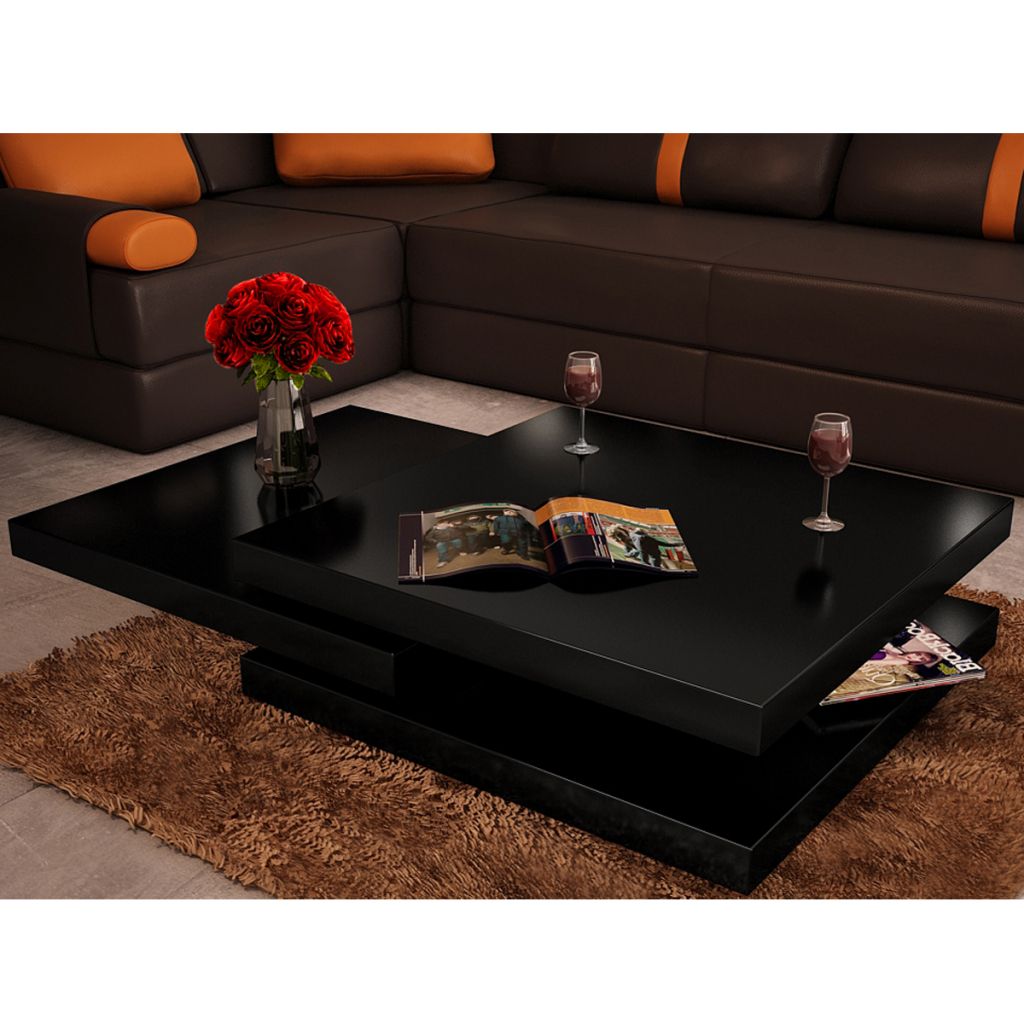 Black Coffee Table 3 Layers Black High Gloss – Lovdock For Trendy Black And White Coffee Tables (View 12 of 20)
