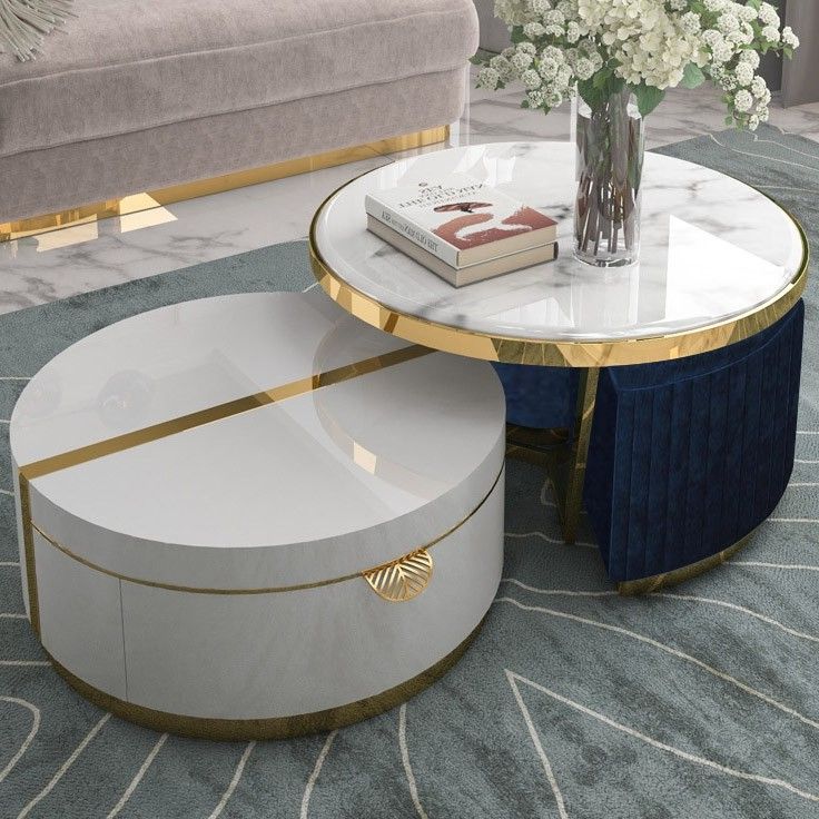 Black/white Nesting Coffee Table With Ottomans Faux Marble Pertaining To Most Up To Date Faux Marble Coffee Tables (Gallery 14 of 20)