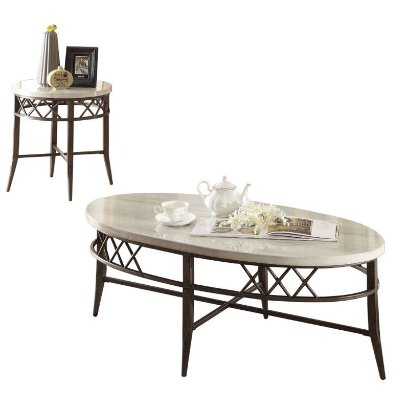 Bowery Hill 2 Piece Faux Marble Top Coffee Table Set Inside Preferred Marble Coffee Tables Set Of 2 (Gallery 17 of 20)