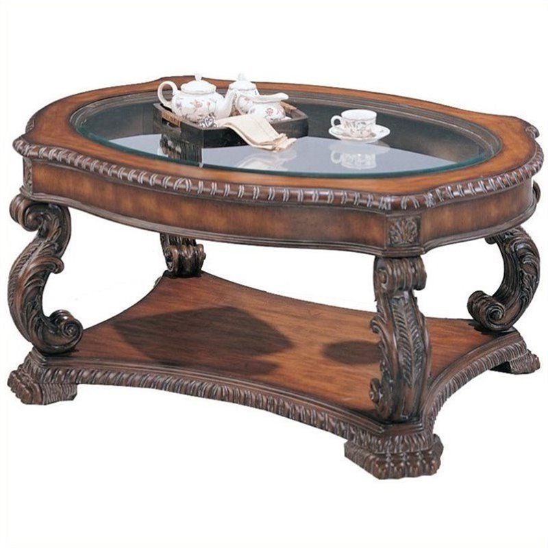 Bowery Hill Glass Inlay Top Accent Coffee Table In Brown With Best And Newest Antique Blue Wood And Gold Coffee Tables (Gallery 8 of 20)