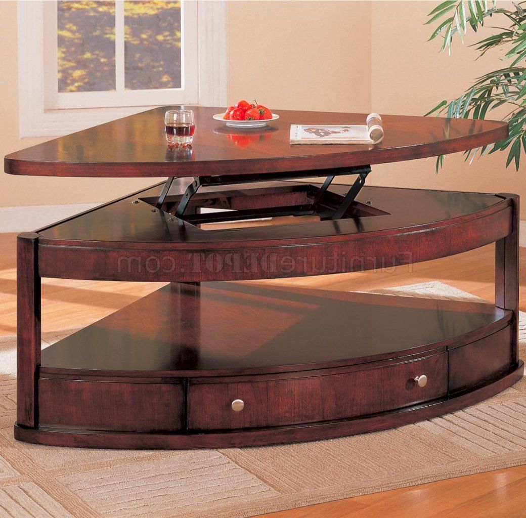 Brown Finish Modern Pie Shape Coffee Table W/shelf & Drawer With Regard To Most Up To Date Brown Wood And Steel Plate Coffee Tables (Gallery 20 of 20)