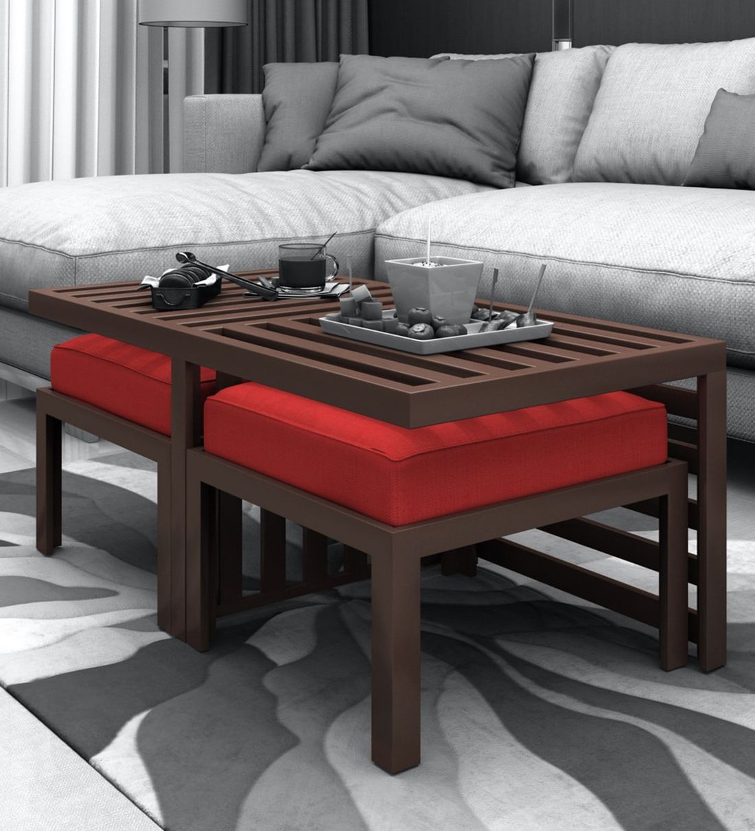 Buy Trendy Coffee Table With 2 Red Cushioned Stools In For Most Popular Pecan Brown Triangular Coffee Tables (View 16 of 20)