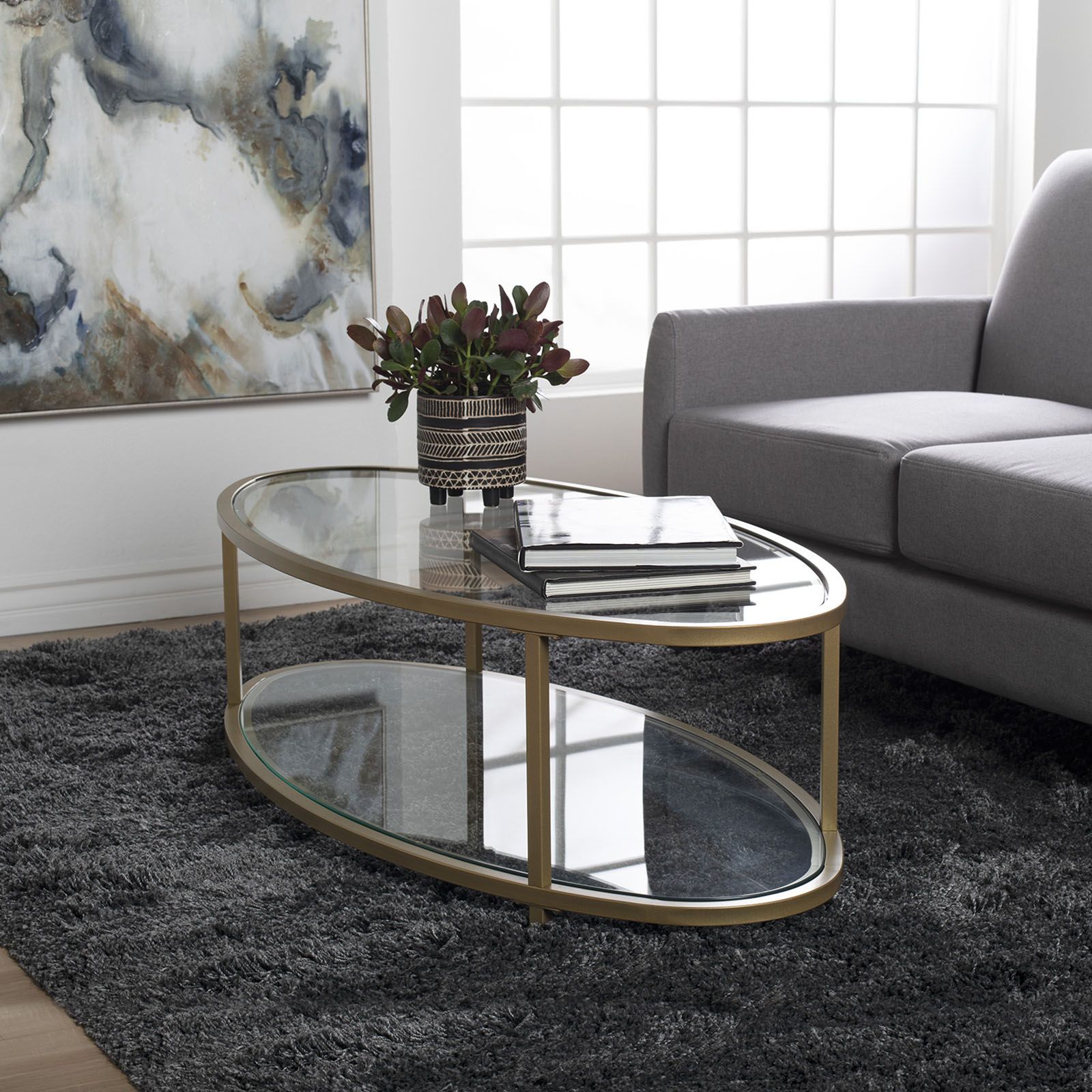 Camber Modern Oval Coffee Table (48″ W) In Gold/clear Throughout Famous Glass And Pewter Oval Coffee Tables (Gallery 4 of 20)