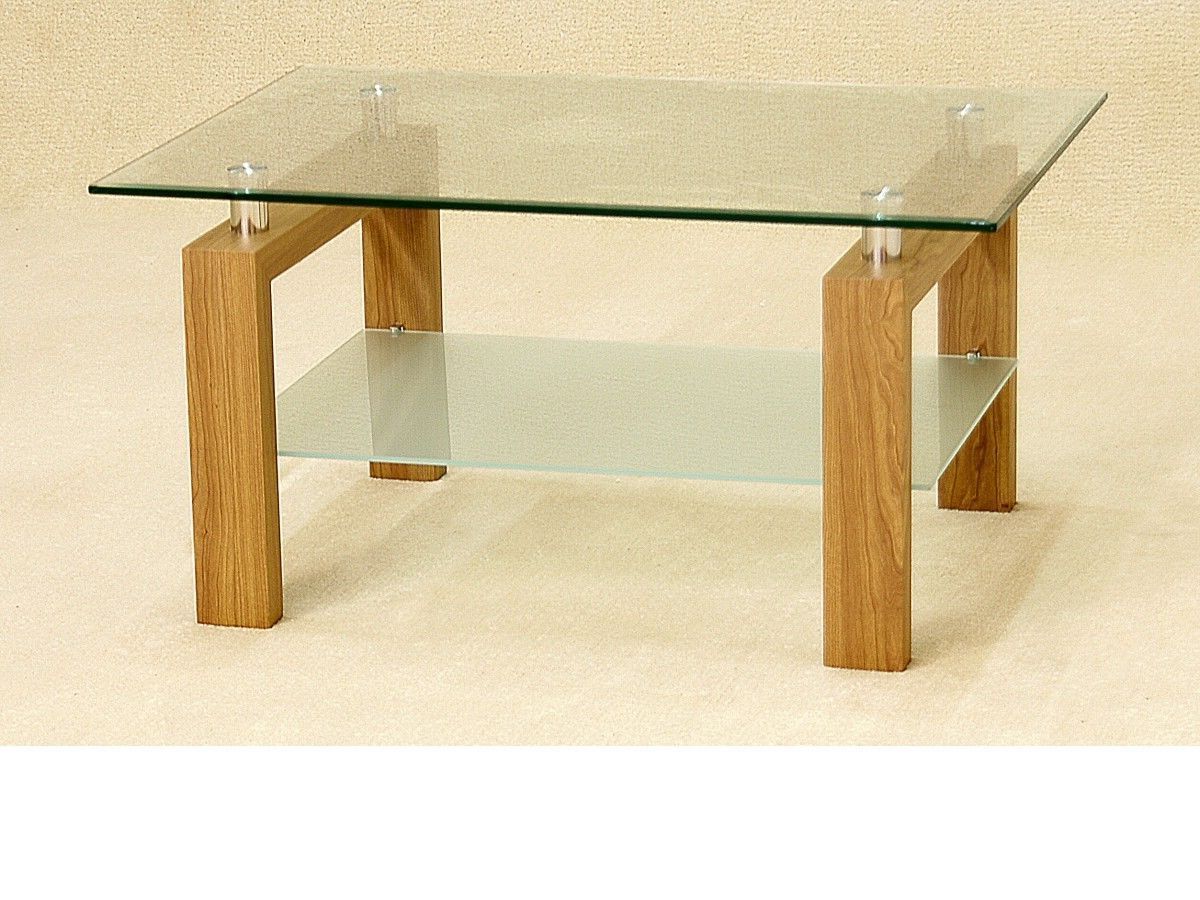 Clear Glass Coffee Table With Wood Oak Finish Base Regarding Best And Newest Clear Glass Top Cocktail Tables (View 12 of 20)