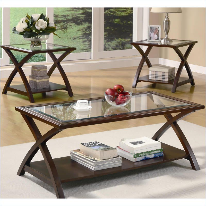 Coaster 3 Piece Glass Top Coffee Table Set In Cappuccino Regarding Recent 3 Piece Shelf Coffee Tables (View 15 of 20)