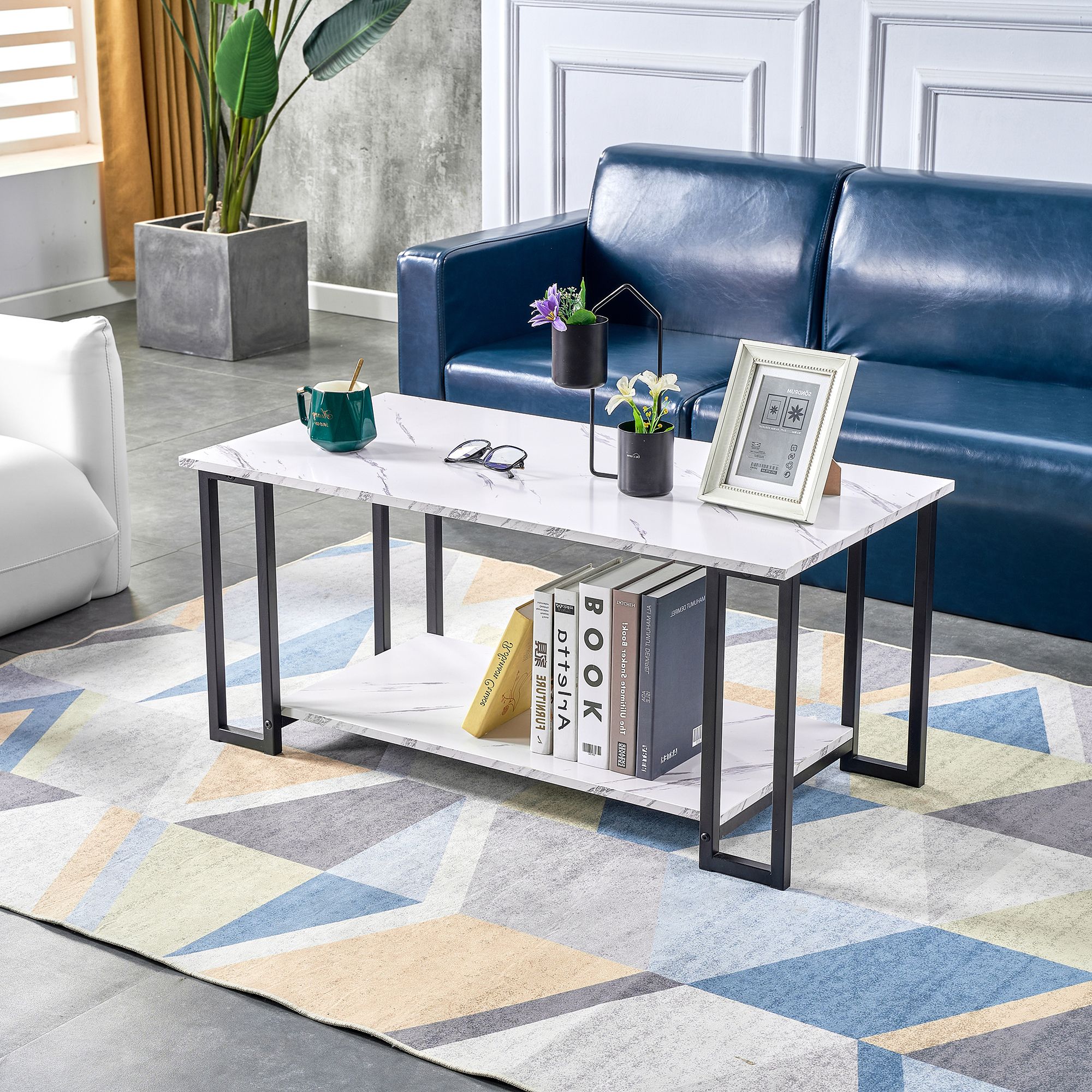 Coffee Table For Living Room, Industrial 2 Layers White Throughout 2019 Swan Black Coffee Tables (View 12 of 20)