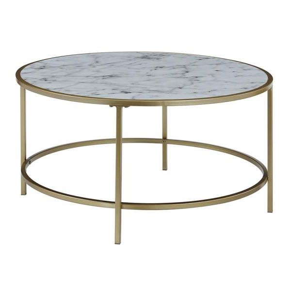 Convenience Concepts Gold Coast Faux Marble And Gold Round Throughout Fashionable White Marble Gold Metal Coffee Tables (View 2 of 20)