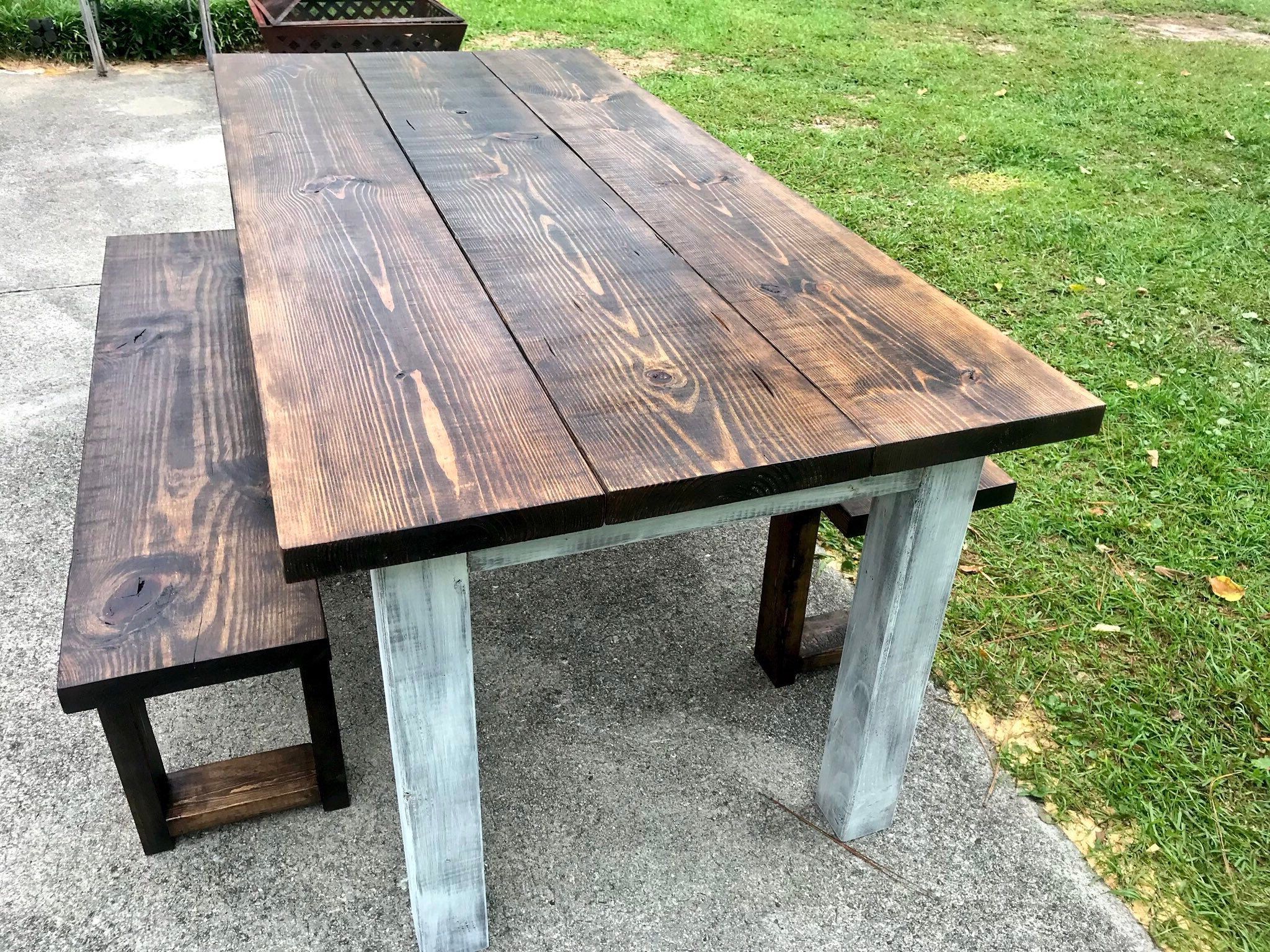 Dark Walnut Farmhouse Table With Benches Rustic Wooden Intended For Most Up To Date Dark Walnut Drink Tables (View 4 of 20)