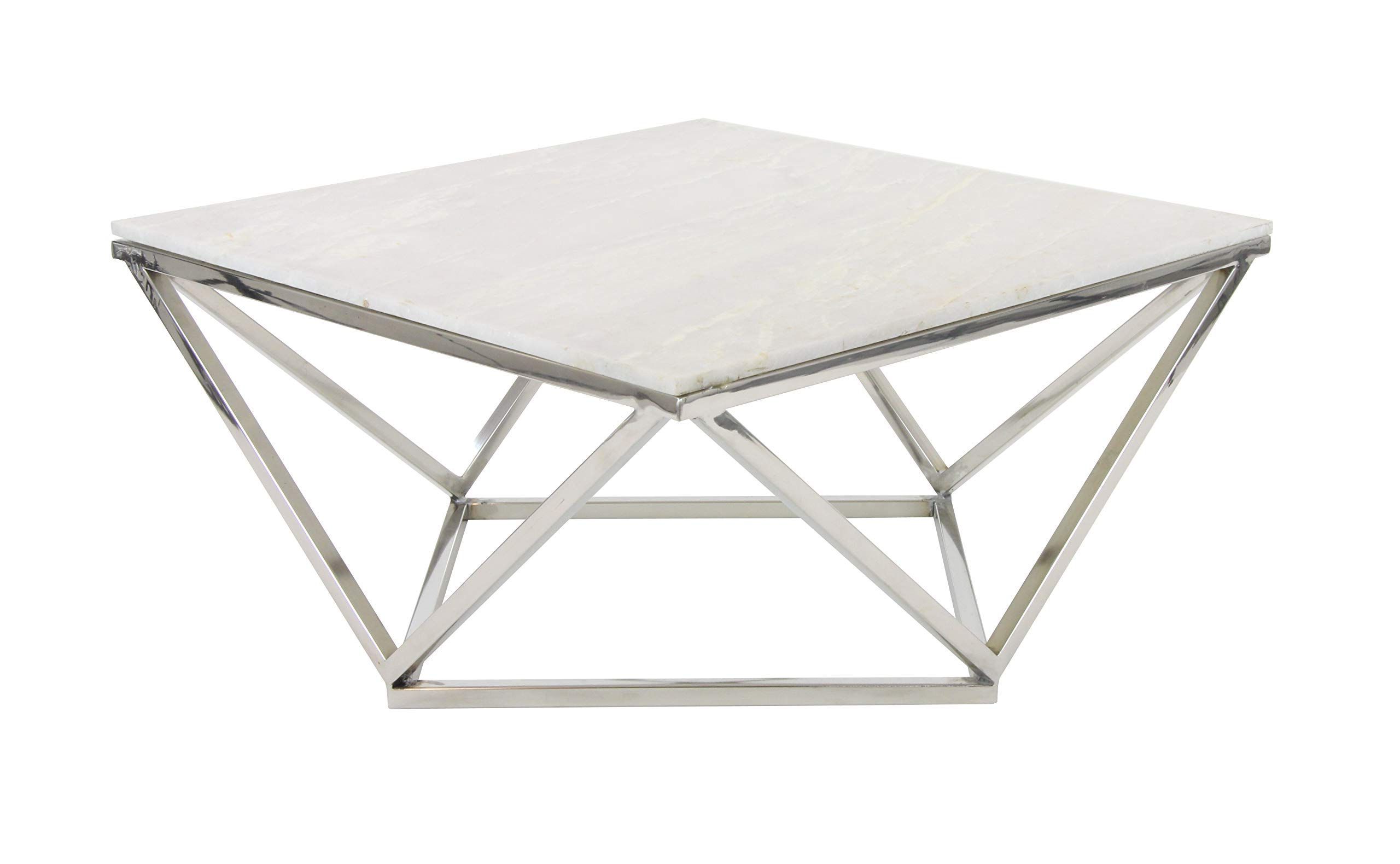 Deco 79 Square White Marble Coffee Table Silver Stainless For Widely Used White Geometric Coffee Tables (Gallery 13 of 20)