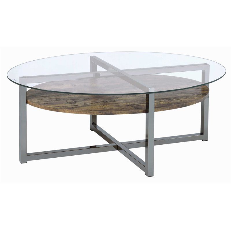 Famous Black Round Glass Top Cocktail Tables With Regard To Acme Janette Round Glass Top Coffee Table In Weather Oak (View 13 of 20)