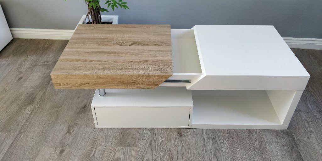 Famous White Gloss And Maple Cream Coffee Tables With Regard To Modanuvo 'hope' Modern White Gloss & Oak Extending Storage (View 18 of 20)