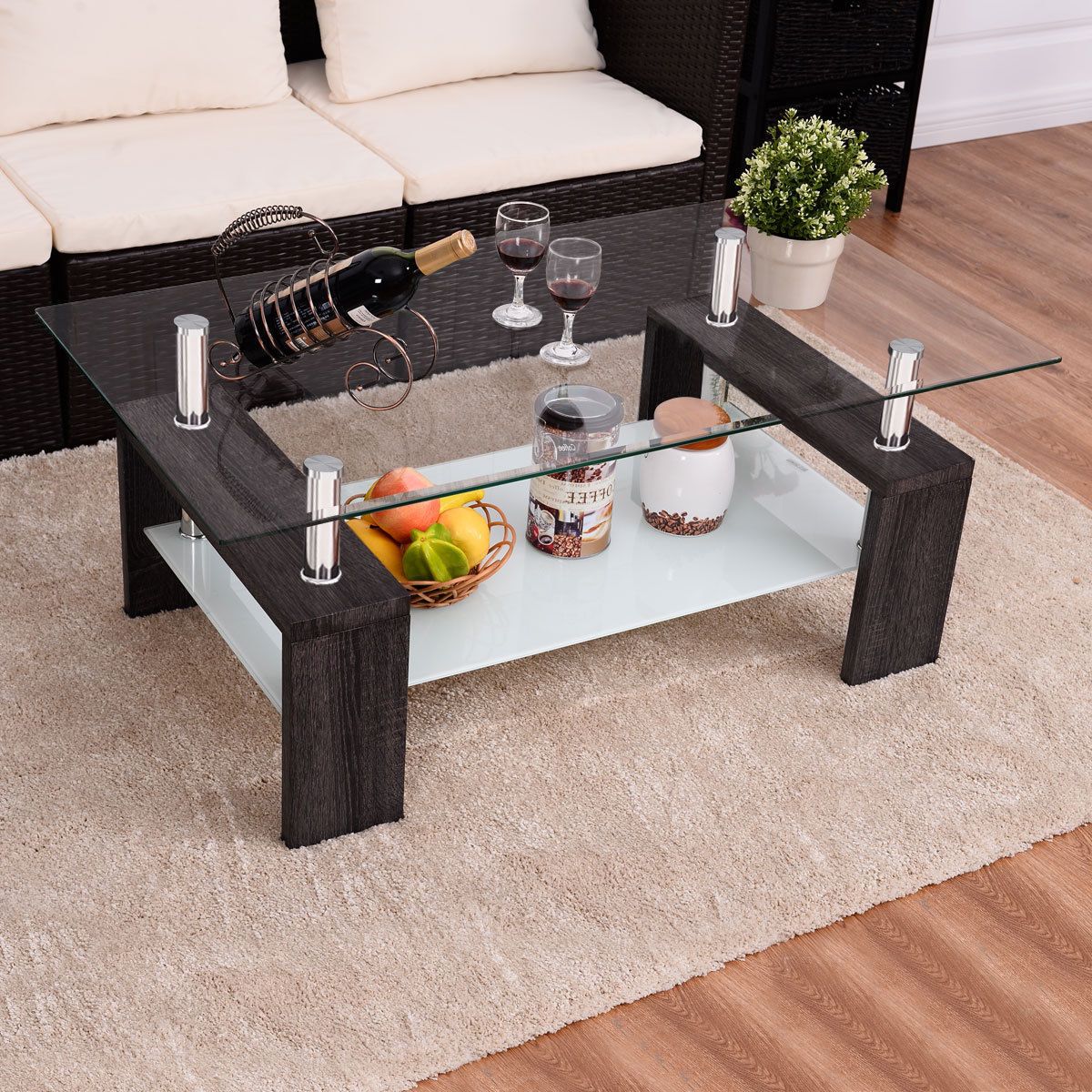Famous Wood Rectangular Coffee Tables Pertaining To Wood Tempered Glass Top Coffee Table Rectangular W/ Shelf (View 3 of 20)