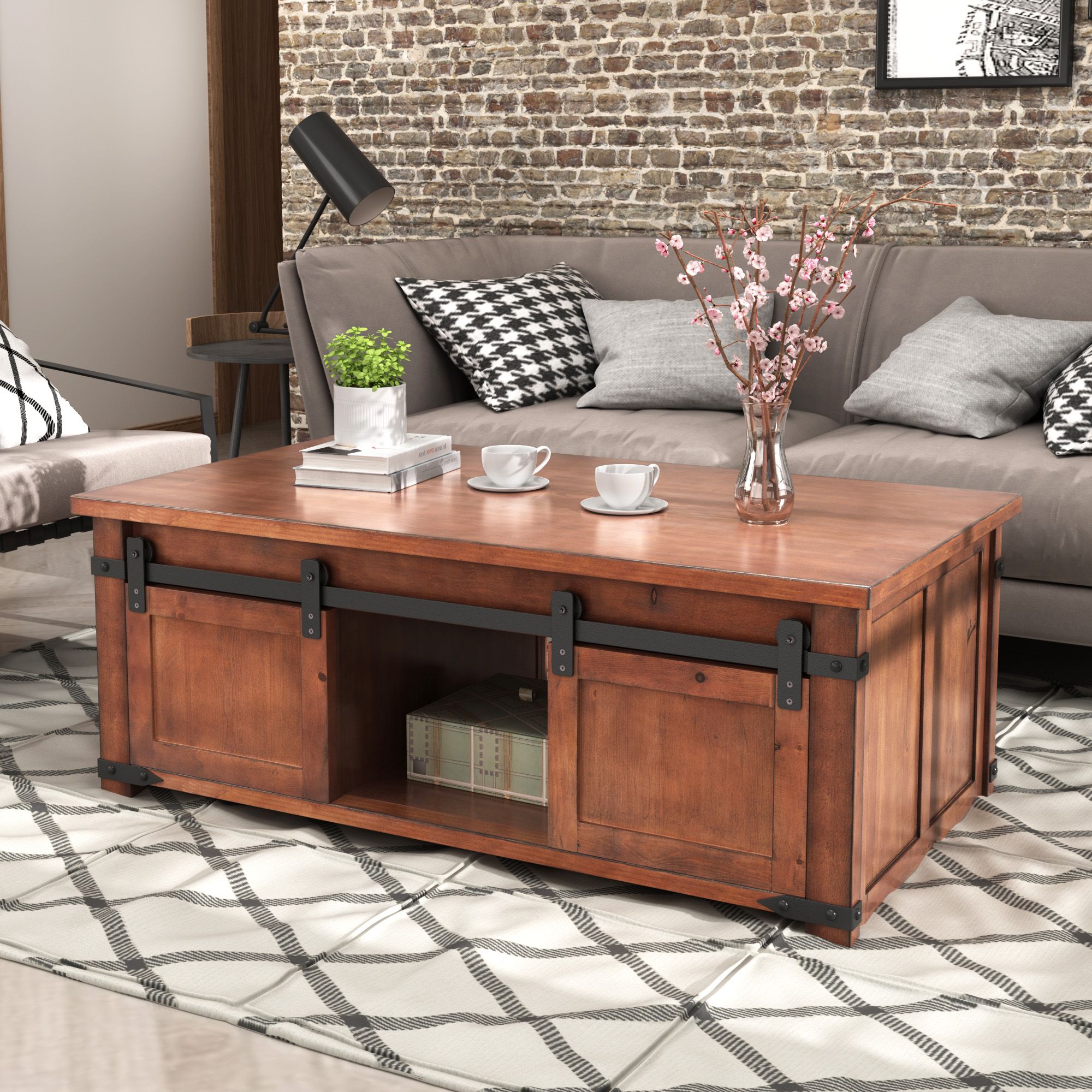 Farmhouse Coffee Table, Coffee Table With Storage Shelf With Regard To Widely Used Black Wood Storage Coffee Tables (View 6 of 20)