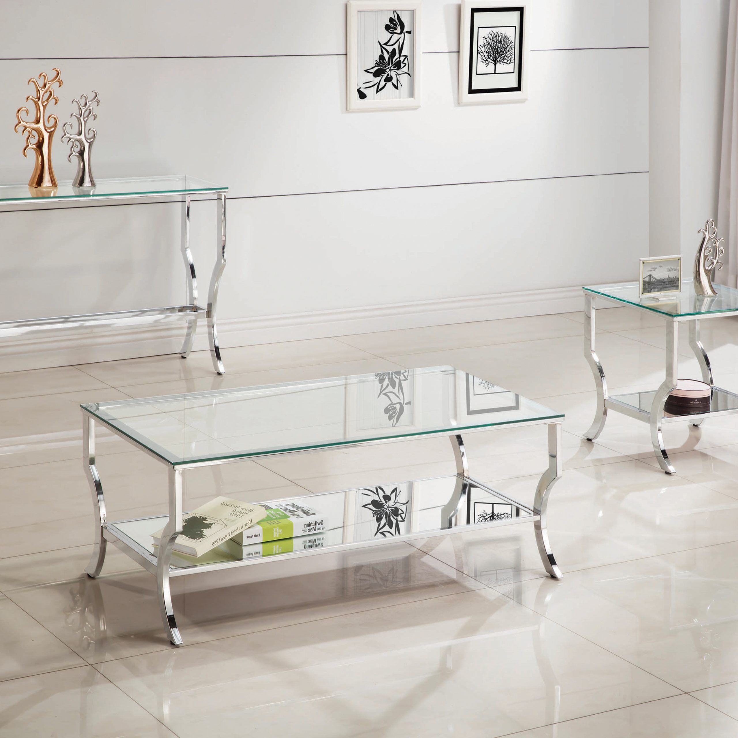Fashionable Chrome And Glass Rectangular Coffee Tables In Rectangular Coffee Table With Mirrored Shelf Chrome – Coaste (View 7 of 20)
